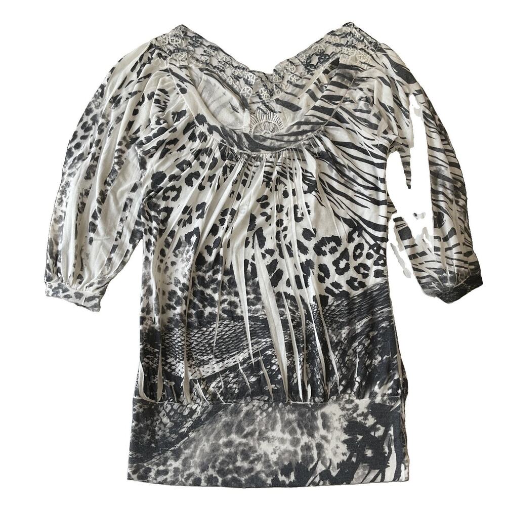 Design Works Women Blouse SMALL Black Animal Print Beaded Floral Embroidery 3/4